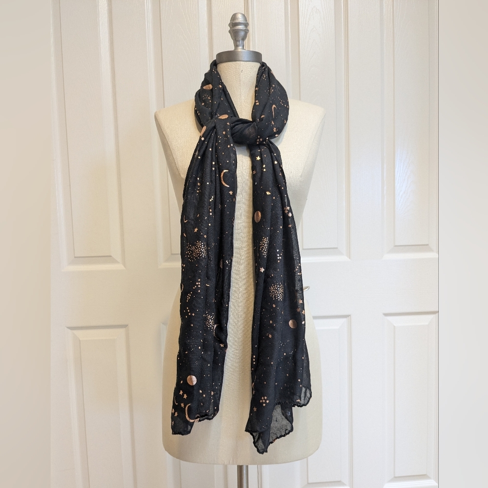 Copper Space Moons Stars Shawl Cover-Up Wrap Scarf Black